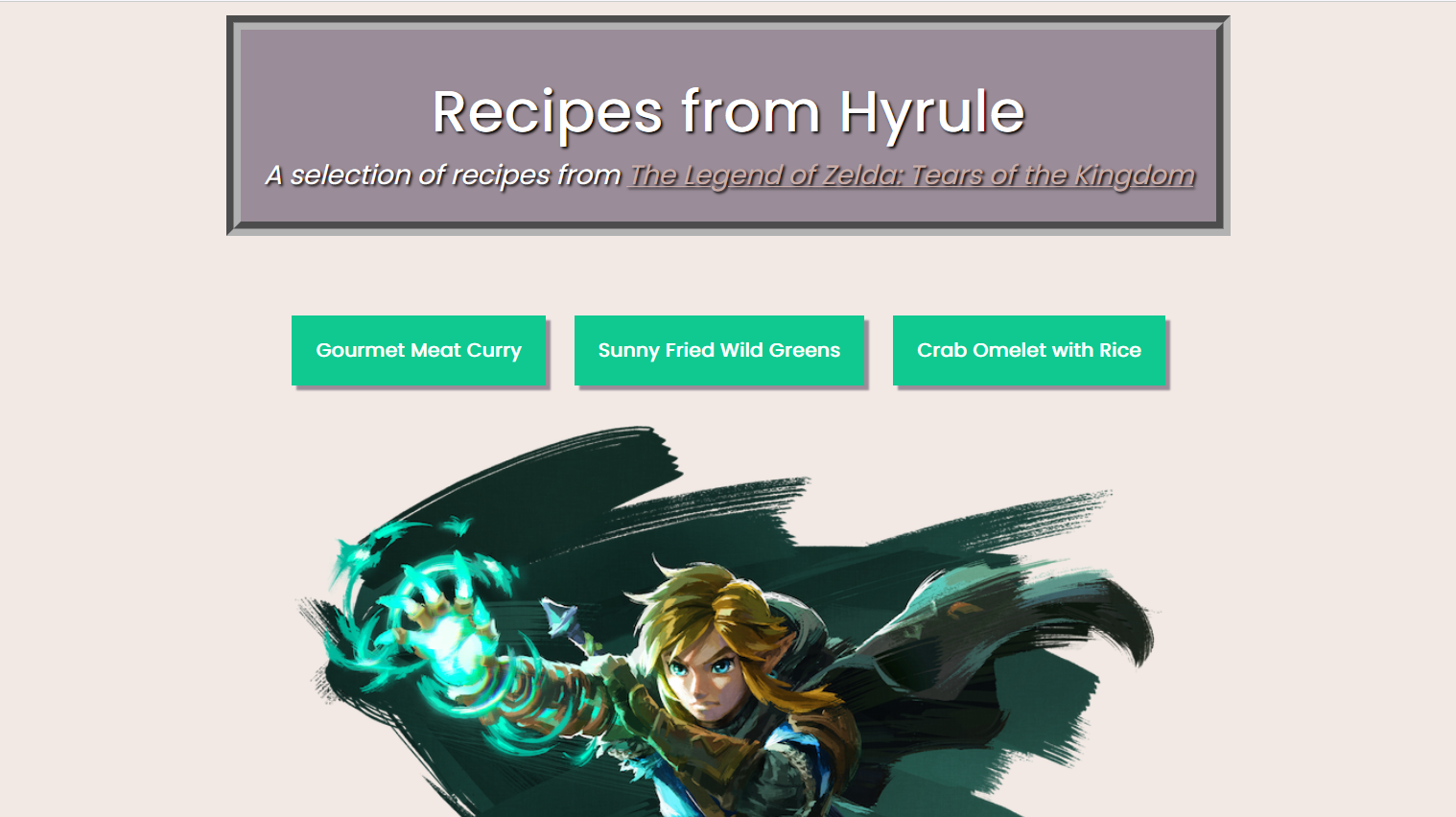 Front page from the Recipes from Hyrule website